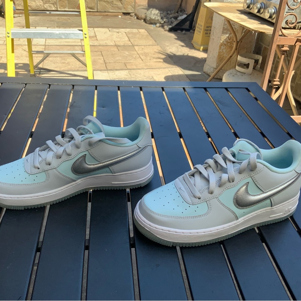 Nike Air Force 1 grey, sliver, and light blue